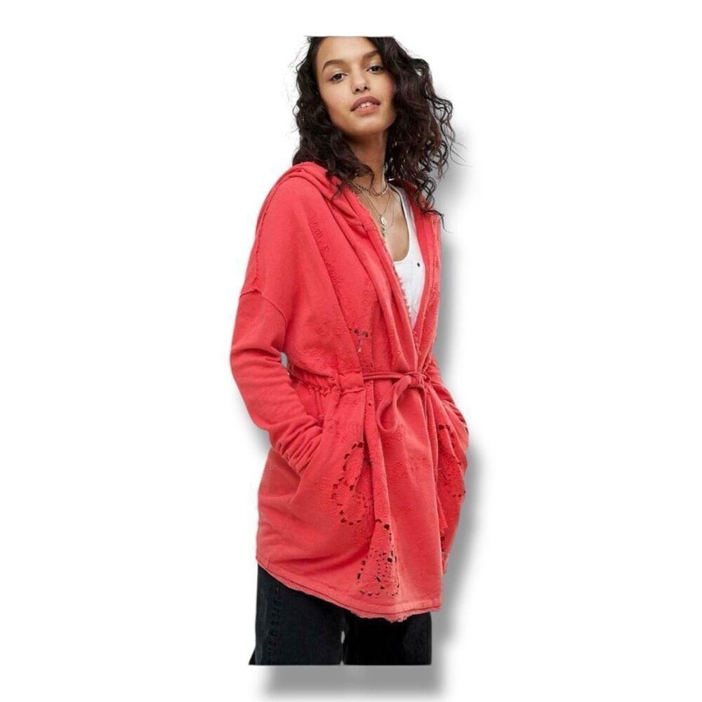 Free People Coral Hooded Tie-Waist Terry Cardigan